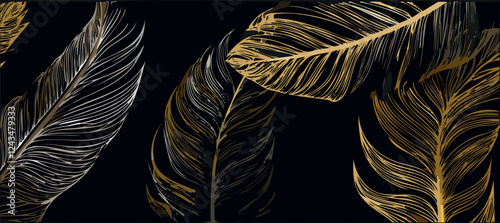 Luxury golden tropical leaf design background, vector illustration.