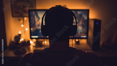 A man is sitting in front of a computer monitor with headphones on. The room is dimly lit, and the man is focused on the screen. Concept of concentration and immersion in the video game being played