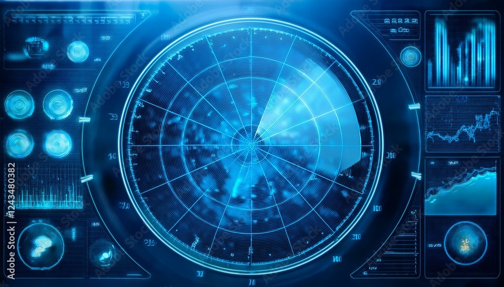 Obraz premium futuristic digital interface with a radar screen showing data and graphs. The screen is glowing with blue light, creating a sense of energy and technological advancement