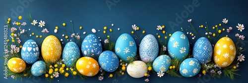 Easter background with brightly colored eggs, flowers, and vibrant greenery arranged, close-up.