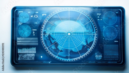 futuristic radar screen with a blue and white interface. The screen displays a map and a radar blip. The radar blip shows the location of an object.