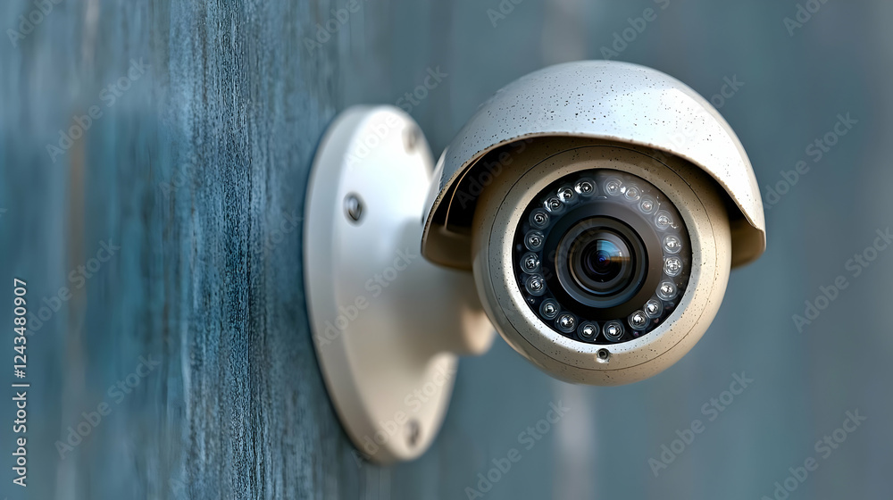 Security camera mounted on wall, outdoor surveillance, building background, safety monitoring Security camera mounted on wall, outdoor surveillance, building background, safety monitoring