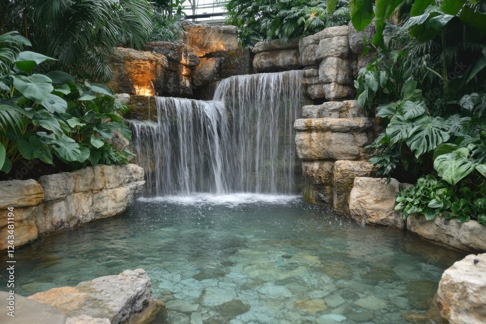 Naklejka premium Serene Waterfall Surrounded by Tropical Plants in Garden Setting