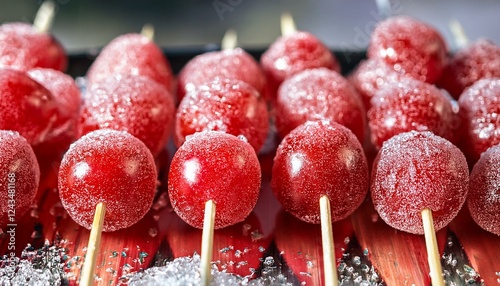 Close-up of several red sugar-coated haws on sticks, glistening with sugar crystals. The haws are arranged neatly, showcasing their vibrant color and texture. photo