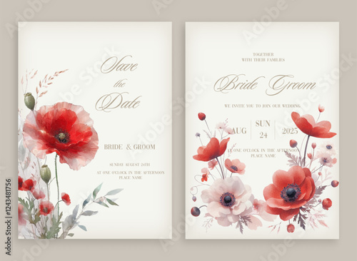 Watercolor wedding invitation with poppy flowers.
