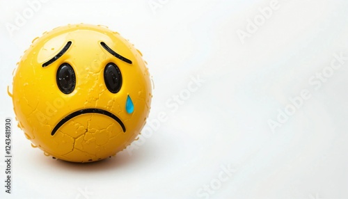A sad yellow emoji face with a single tear drop falling down, expressing sadness and sorrow on a white background. 