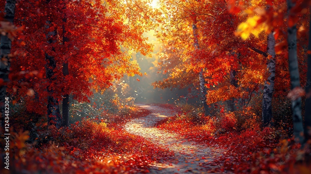 Autumn Path Through Vibrant Red And Orange Leaves Autumn Path Through Vibrant Red And Orange Leaves