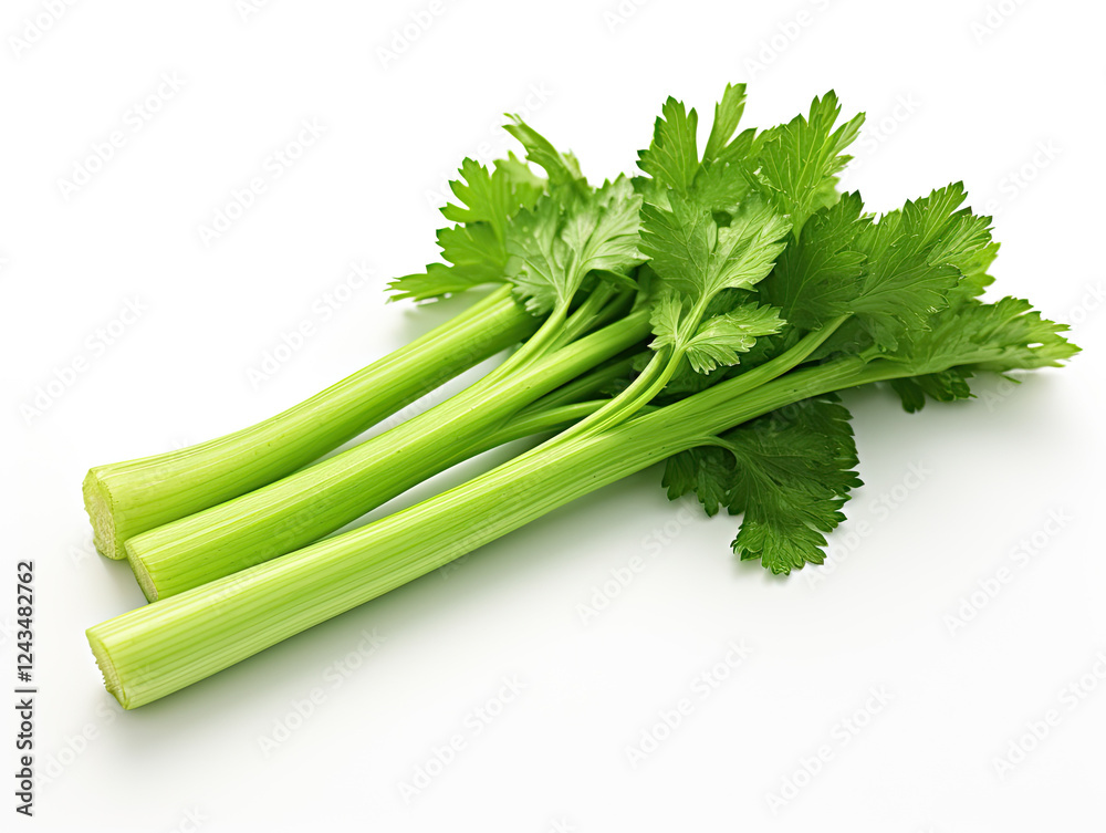 Fresh Green Celery Stalks on White Background