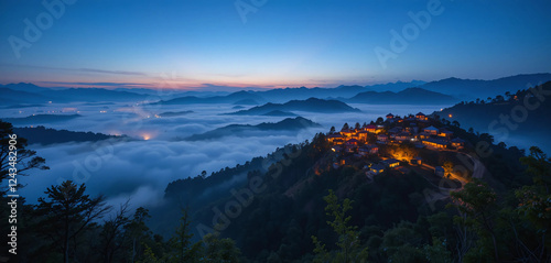 A magical night view of Mokokchung, where the hilltop Naga villages are lit by warm lantern lights. The mist-covered valleys below create a dreamy contrast under the deep blue sky. photo