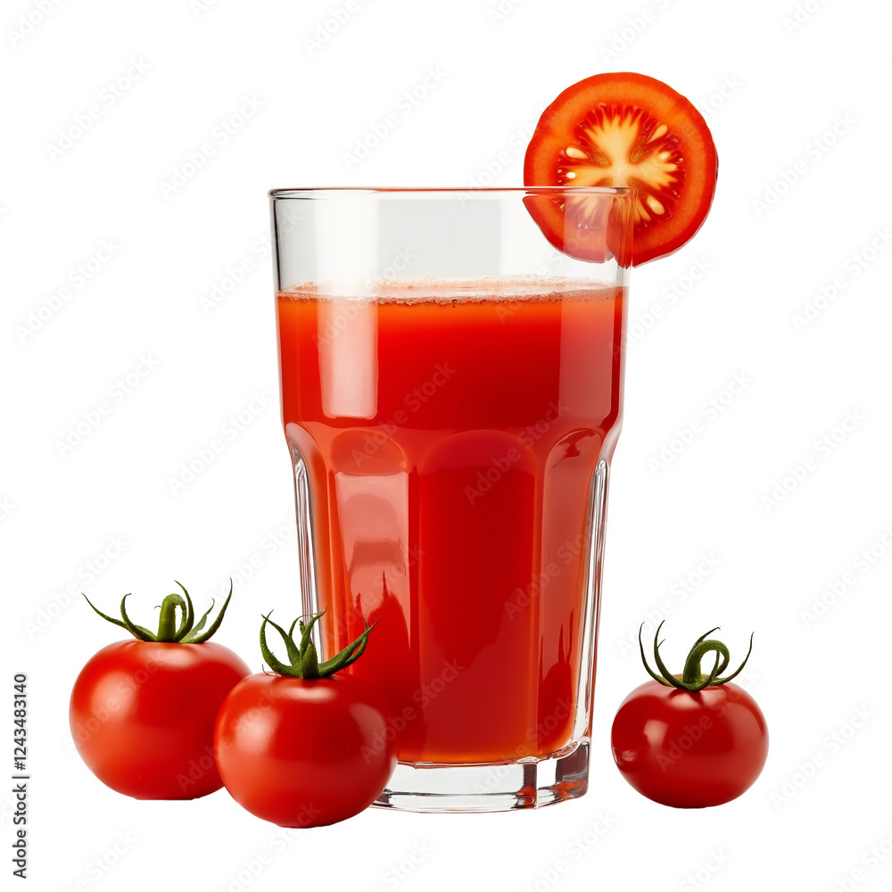 Refreshing tomato juice served in a tall glass with fresh tomatoes on a white background, perfect for healthy living and summer hydration Refreshing tomato juice served in a tall glass with fresh tomatoes on a white background, perfect for healthy living and summer hydration
