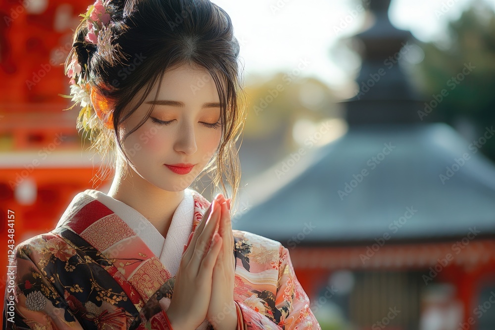 Young japanese woman praying in kimono at temple with closed eyes Young japanese woman praying in kimono at temple with closed eyes