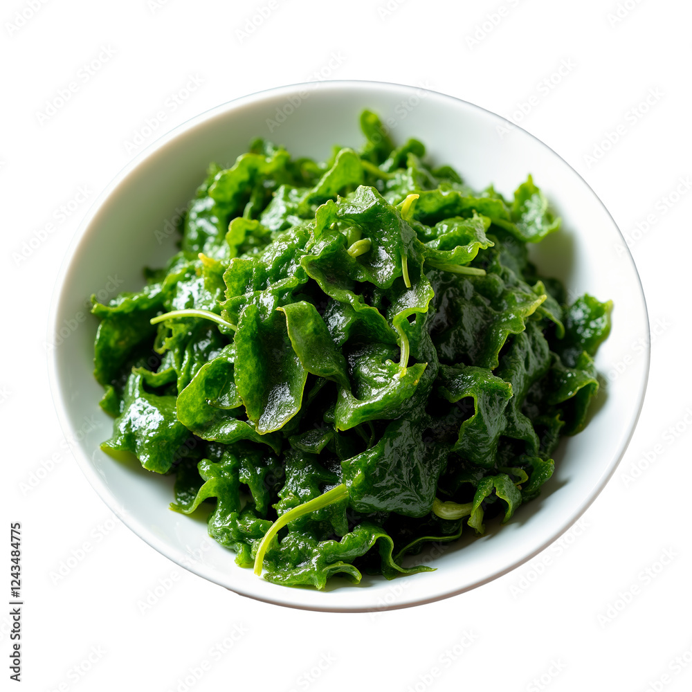 Fresh, vibrant green seaweed salad served in a white bowl with a white background for a clean, modern aesthetic suitable for various culinary presentations Fresh, vibrant green seaweed salad served in a white bowl with a white background for a clean, modern aesthetic suitable for various culinary presentations
