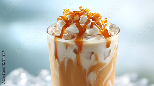 A cold brew coffee served over ice with a splash of milk and caramel drizzle on top, rich and smooth in texture.