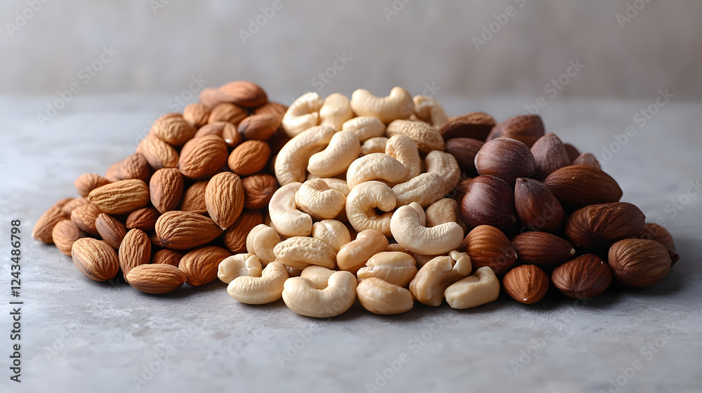 Obraz premium A collection of almonds, walnuts, cashews, and hazelnuts arranged in a clean, minimalistic manner on a pale gray surface, with focus on their variety of colors.