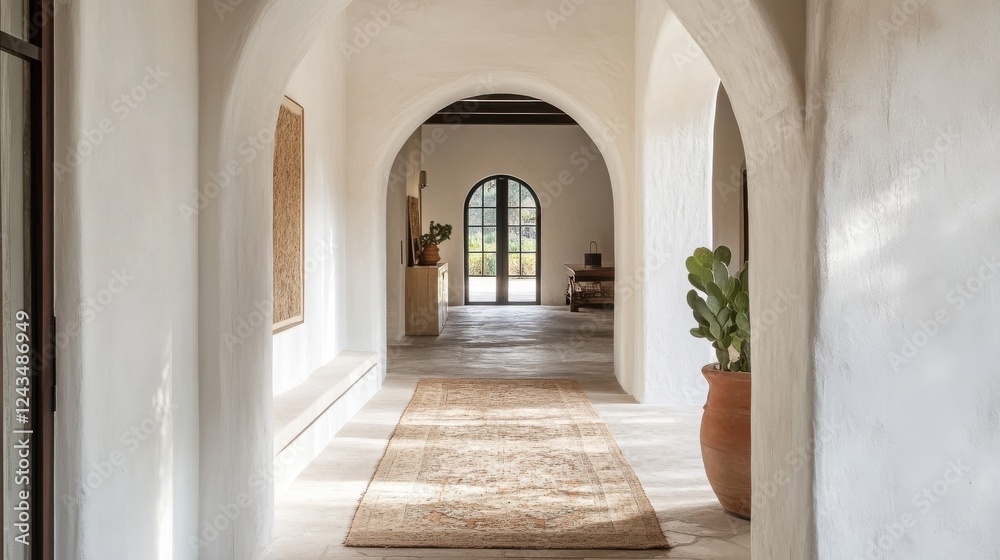 Mediterranean-inspired hallway that exudes warmth and tranquility with natural light and simple decor Mediterranean-inspired hallway that exudes warmth and tranquility with natural light and simple decor