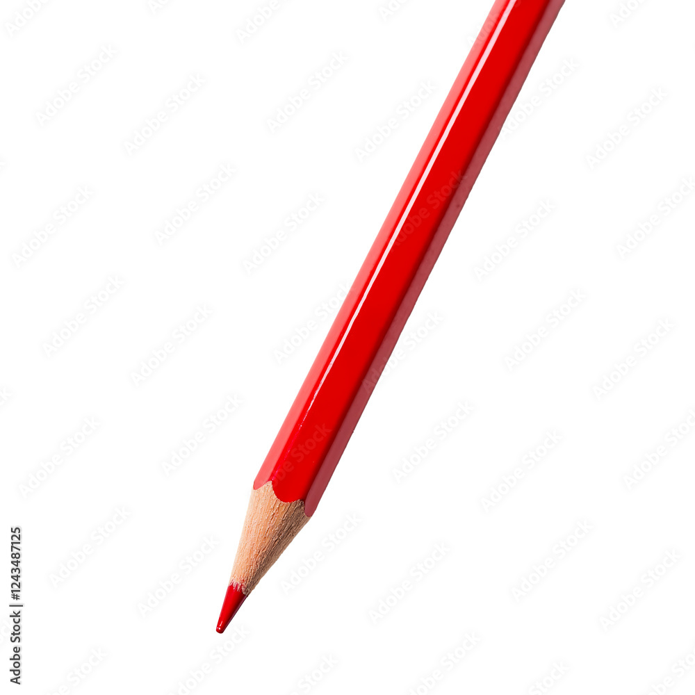 Bright red colored pencil resting on a white surface showcasing its pointed tip and smooth, glossy finish on an isolated background Bright red colored pencil resting on a white surface showcasing its pointed tip and smooth, glossy finish on an isolated background