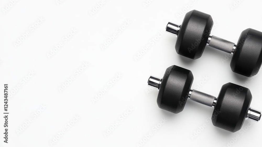 Black Dumbbells on White Background Fitness and Exercise Concept Black Dumbbells on White Background Fitness and Exercise Concept