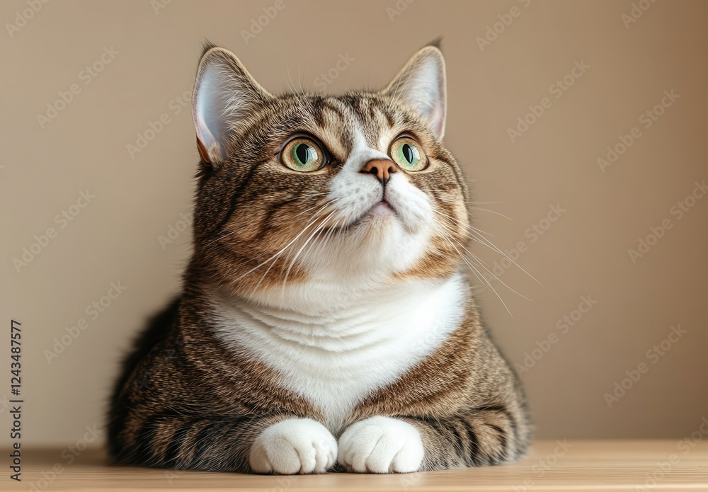 Adorable brown tabby cat with striking green eyes resting comfortably on a wooden surface, looking upward with curiosity and charm in a serene setting Adorable brown tabby cat with striking green eyes resting comfortably on a wooden surface, looking upward with curiosity and charm in a serene setting