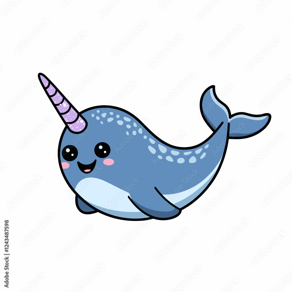 Cute Kawaii Narwhal Illustration with Sparkly Horn Cute Kawaii Narwhal Illustration with Sparkly Horn