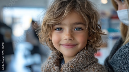 Smiling Child with Curly Hair in a Bright Indoor Environment