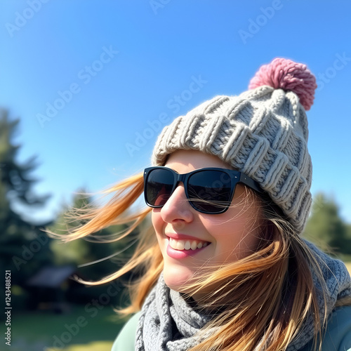 A smiling lady wearing sunglasses and a knitted woollen bobble hat has windswept hair on a sunny day photo