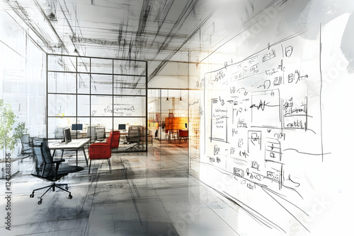Brainstorming session in a modern office with sketches on a whiteboard