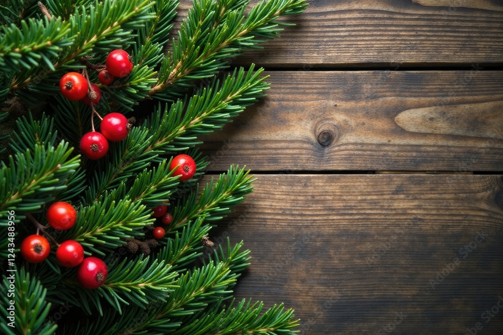 Evergreen tree with branches and berries against a rustic wooden background, foliage, wood Evergreen tree with branches and berries against a rustic wooden background, foliage, wood