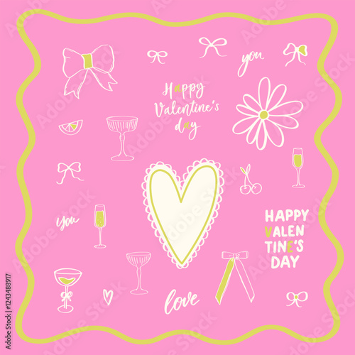 Whimsical coquette food and wine pink background. La dolce vita concept. Design elements for Valentines Day greeting cards, wedding invitations, birthday.