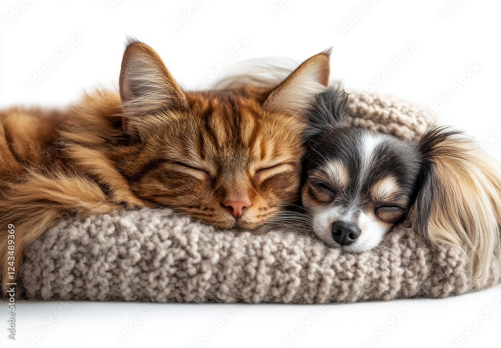 Adorable Cat and Dog Snuggling Together in Soft Blanket Setting Perfect for Comfort and Peaceful Companionship Scene Adorable Cat and Dog Snuggling Together in Soft Blanket Setting Perfect for Comfort and Peaceful Companionship Scene