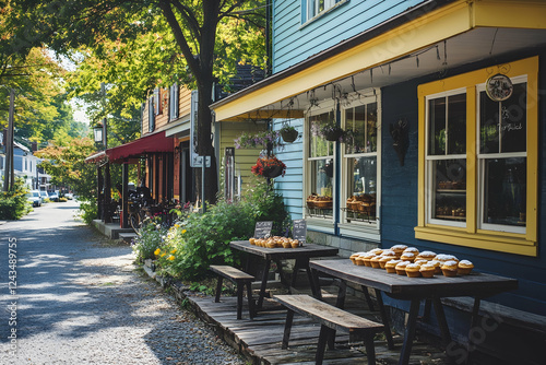 Charming coffee shop exterior with pastries displayed in a sunny neighborhood