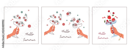 Set of vector banners with female hands holds a glass of berries. Hello summer card in a flat and line art style. Collection of posters with a cherry and strawberry.
