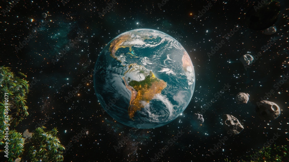 Fototapeta premium A vibrant depiction of Earth surrounded by asteroids, set against a starry backdrop, showcasing the beauty of space.