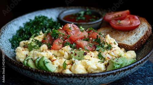 Delicious scrambled eggs with avocado, fresh tomatoes, and herbs served with toast and salsa photo