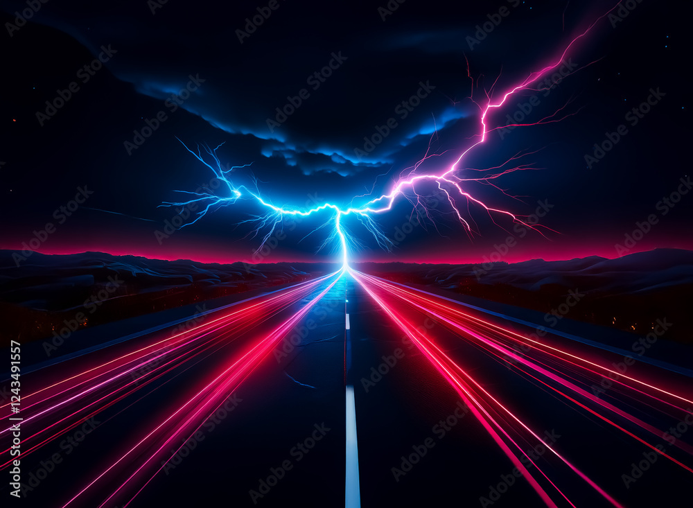 Obraz premium A night road stretches into the distance with light trails, illuminated by striking blue and pink lightning bolts in a dramatic sky.