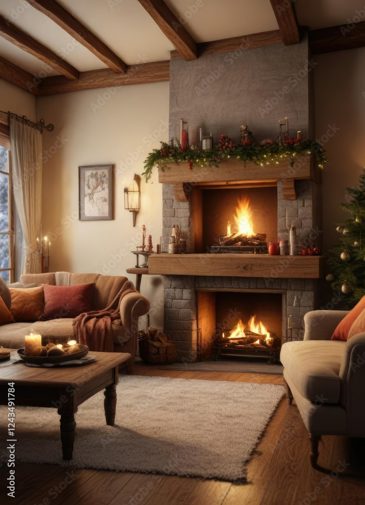 Warm and inviting Christmas living room with a roaring fireplace, soft couch, comfortable, living room Warm and inviting Christmas living room with a roaring fireplace, soft couch, comfortable, living room