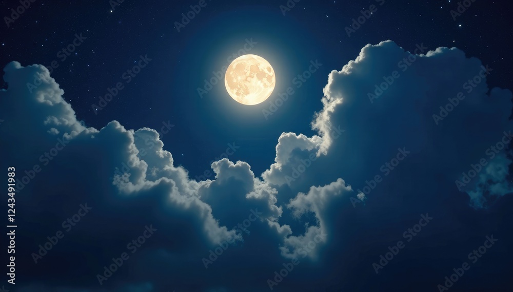 Fototapeta premium Nightly clouds create a mystical aura around the full moon, atmosphere, serenity