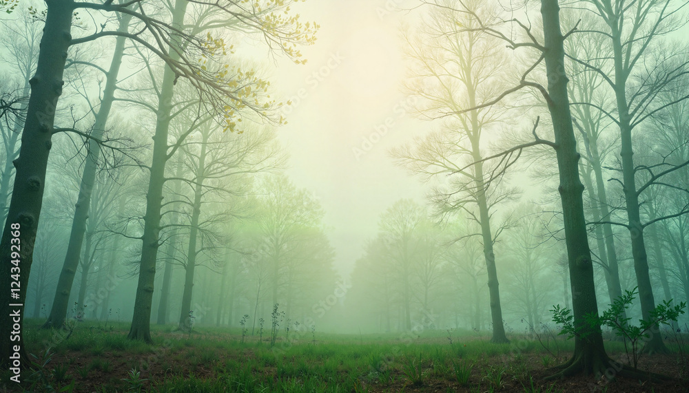 Fototapeta premium Misty forest in early spring with tender buds, nature's awakening