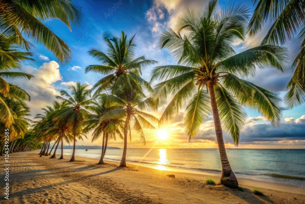 Fototapeta premium Warm sunlight filters through palm trees on a serene beach scene, palm trees, shore, wave, sunshine