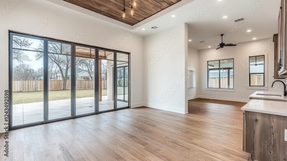 Modern farmhouse dining room with large sliding glass doors, hardwood floors, and a built-in bar. Modern farmhouse dining room with large sliding glass doors, hardwood floors, and a built-in bar.