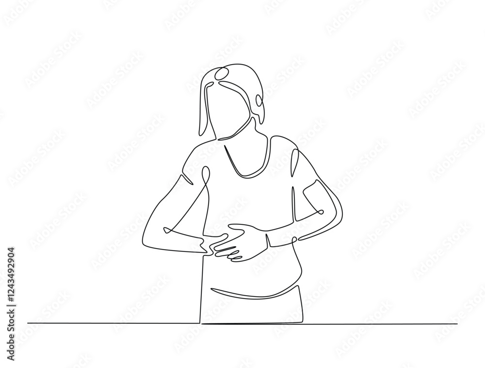 Continuous line art drawing of woman suffering from abdominal pain. Woman feel pain in her stomach single line art drawing vector illustration. Editable stroke. Continuous line art drawing of woman suffering from abdominal pain. Woman feel pain in her stomach single line art drawing vector illustration. Editable stroke.