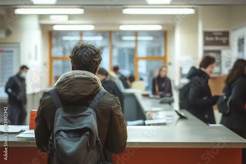 Student waiting in line at university office or service desk