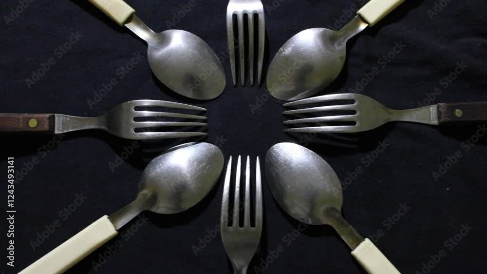 Cucharas y tenedores grandes en círculo, son herramientas culinarias para diversos alimentos, forman un diseño de brillos y texturas abstractas con fondo negro.