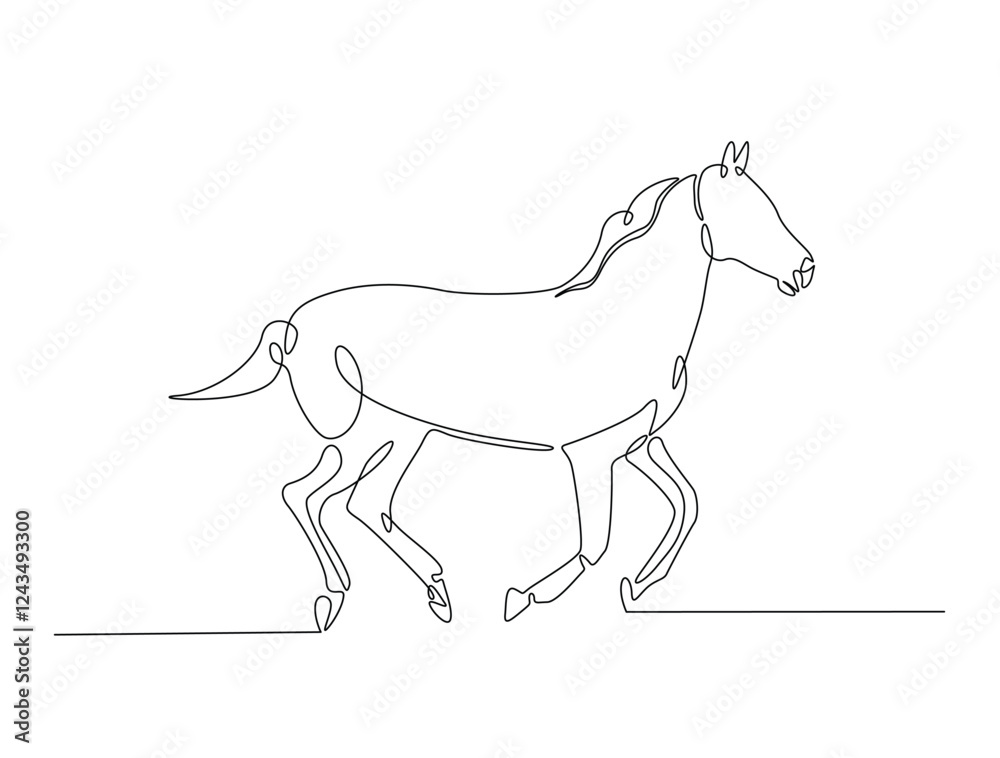 Fototapeta premium Continuous line art drawing of beautiful wild horse. Running horse in single line art drawing vector illustration. Editable stroke.