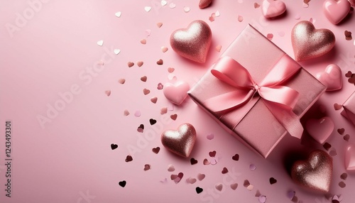 pink gift box with ribbons on light pink background with shiny hearts floating around greeting or advertising card design with copy space