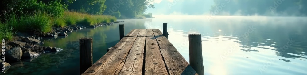 Naklejka premium Water's gentle lapping against weathered wooden docks, calm water, riverbank vegetation, misty morning