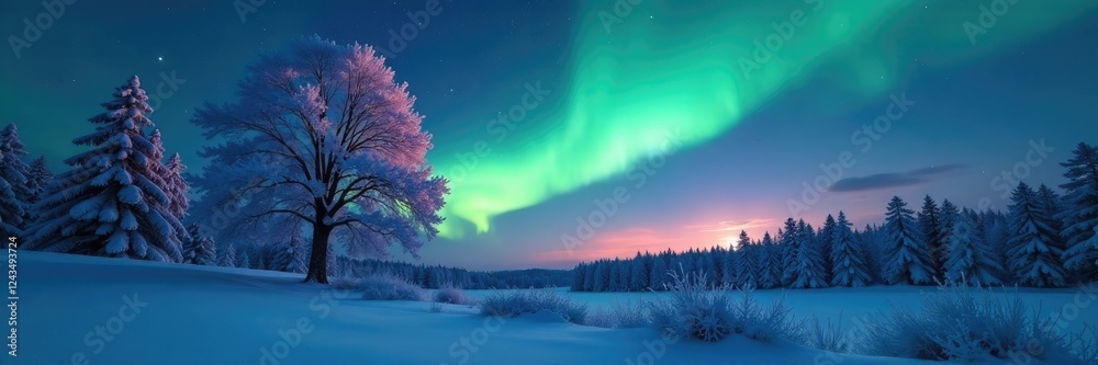 Fototapeta premium Snowy trees and bushes glisten under the ethereal glow of the northern lights, peaceful, northern lights, tree