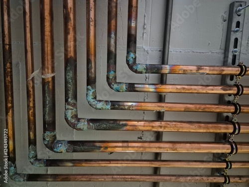 Fotografía Multiple copper pipes running horizontally along a wall, revealing signs of oxid