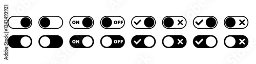 On and Off toggle switch button icons set. Setting control toggle ON OFF, switch buttons.