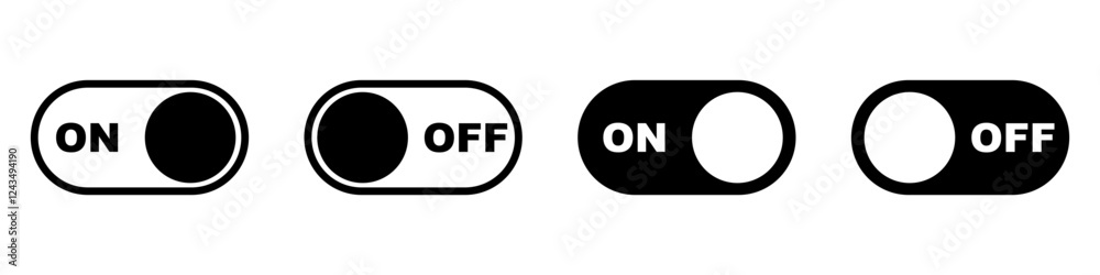 On and Off toggle switch button icons set. Setting control toggle ON OFF, switch buttons. On and Off toggle switch button icons set. Setting control toggle ON OFF, switch buttons.