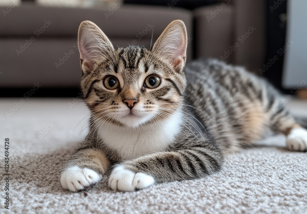 Naklejka premium Adorable Domestic Cat with Striped Fur and Expressive Eyes Relaxing on Soft Carpet in Cozy Living Room Environment